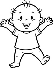 Happy baby cartoon, black and white illustration, joyful child drawing, cute toddler vector, playful infant art, kids coloring page, expressive line sketch