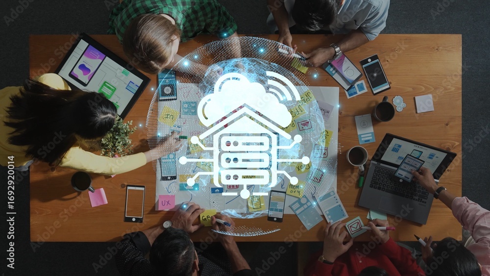 Poster a vibrant office scene depicting a collaborative team engaged in innovative brainstorming, utilizing