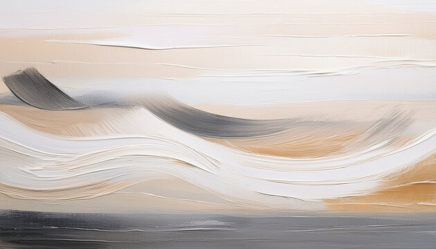 Soft Abstract Landscape Painting With Horizontal Brush Strokes In Beige White And Gray Tones Creating Calm And Subtle Atmosphere With Natural Texture Effect