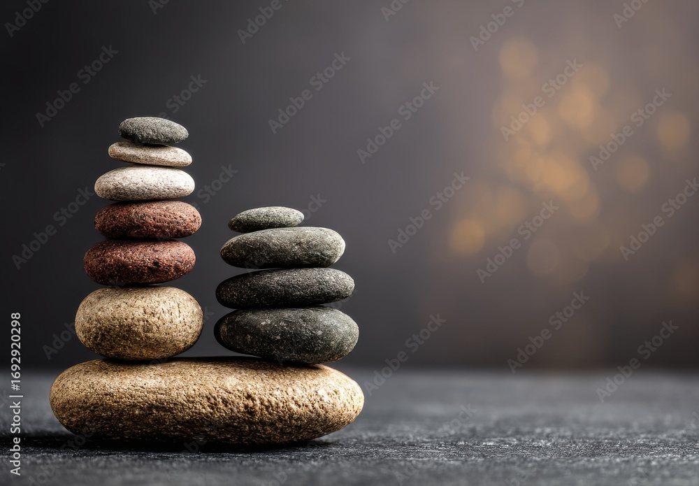 Poster balanced stone stacks on dark surface with golden bokeh background