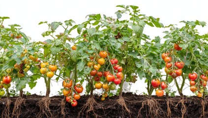 Row of tomato plants with ripe fruit