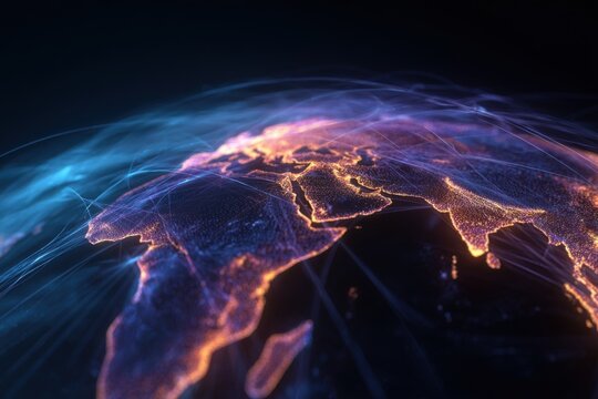 A glowing, detailed view of a stylized Earth.  Global connections