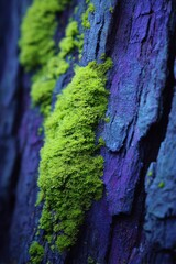 Vibrant green moss growing on purple tree bark