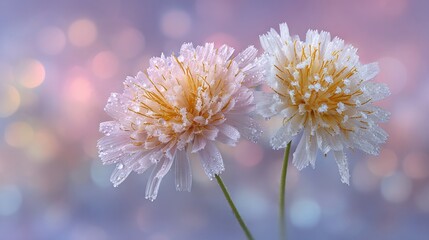 Dew Covered White Pink Flower Pair in Soft Pastel Background