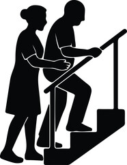 Vector elderly man assisted climbing stairs silhouette Illustrator