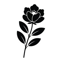 Elegant black silhouette of a blooming flower with leaves and stem artistic botanical art
