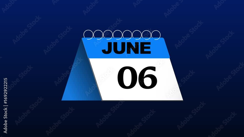 Poster june calendar 1 to 30 days page reveal time concept loop 3d animation with alpha channel