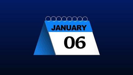 JANUARY Calendar Page Turn Animation on black Screen, January 1 to 31 Calendar Flip Animation Calendar 1 to 30 days page reveal time concept Loop 3d animation with Alpha Channel