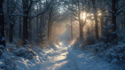 Sunlit snow path through winter forest