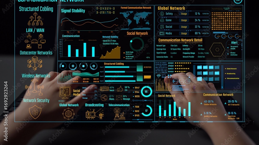 Poster data center monitoring dashboard visualize network performance, connection status, usage rate, and t