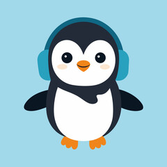 Obraz premium Adorable cartoon penguin wearing blue earmuffs and looking forward with a cheerful expression on a light blue background