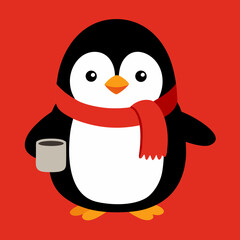 Fototapeta premium Adorable cartoon penguin wearing a red scarf and holding a mug of coffee against a vibrant red background