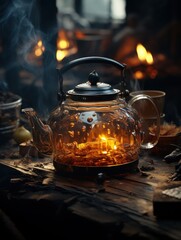 A clear glass teapot with herbs inside sits on a wooden surface near a warm glowing fireplace
