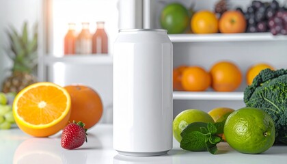 Blank white aluminum beverage can mockup for a healthy, natural drink, surrounded by fresh citrus fruits with a refrigerator in the background