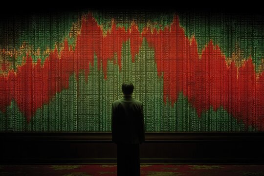 Man Contemplates Stock Market Data Displayed On Large Screen in Dark Room