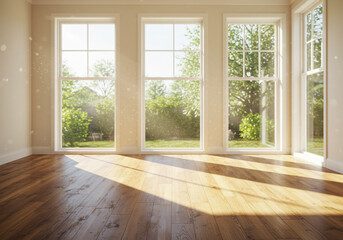Fototapeta premium Bright, sunlit room with large windows overlooking a lush green garden, perfect for home decor inspiration.