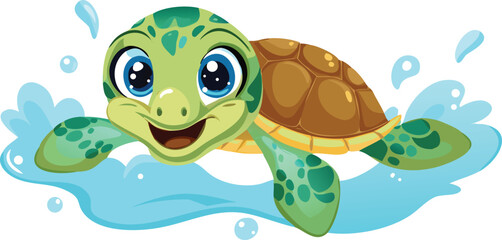 Obraz premium A cheerful green frog and a smiling turtle are having fun in the blue ocean