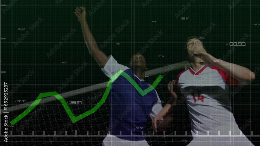 Aufkleber soccer players competing on ball approach leaning into jump to head ball with updating stats graph