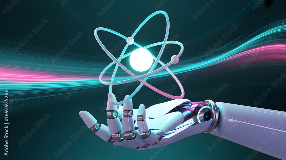 Poster precision in future: a robot hand holds an atom symbol, a luminous display of scientific concepts in