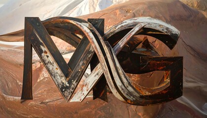 Rusty, intertwined letters "MG" against a backdrop of desert rock