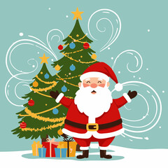 Cartoon Santa Claus with Christmas Trees and Gifts in a Winter Wonderland Scene