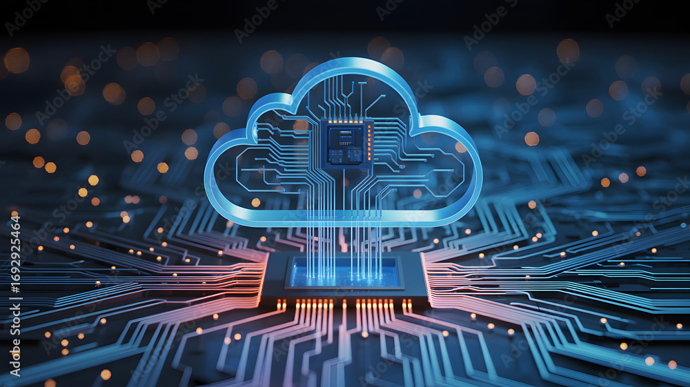 Fototapete cloud technology: a captivating digital depiction showcases a cloud computing design element with lu
