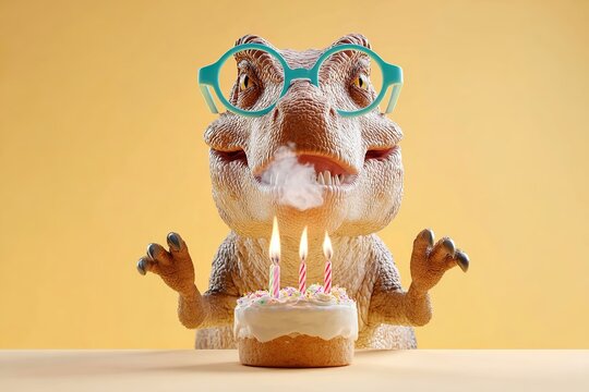 Humorous studio shot featuring a dinosaur wearing glasses and celebrating a birthday with cake