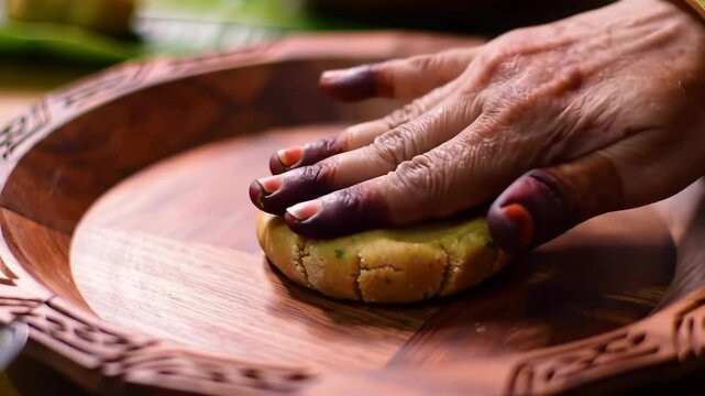 Closeup shot of a womans hand pressing dough on a wooden plate to make thekua, a traditional bihari sweet dish prepared during the chhath puja festival chhath puja
