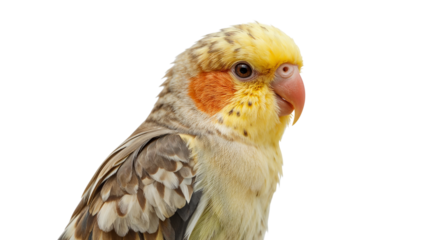 Close-up of a cockatiel with yellow feathers, orange cheek patches, and a light pink beak. Isolated on transparent background, png