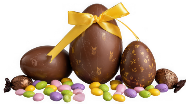 Assortment of chocolate easter eggs and candies with a yellow ribbon isolated on transparent background