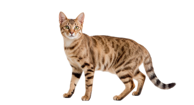 Striking portrait of a Bengal cat with distinctive stripes standing Isolated on transparent background, png