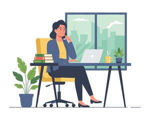 Focused Thought in Office: A professional woman sits thoughtfully at her desk, her laptop open, with a cityscape view and hints of greenery enhancing the scene. 