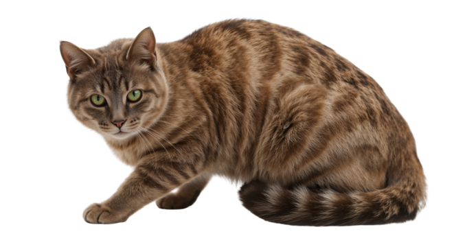 A curious cat with striking tabby markings and piercing green eyes stares intently at something ahead. Isolated on transparent background, png