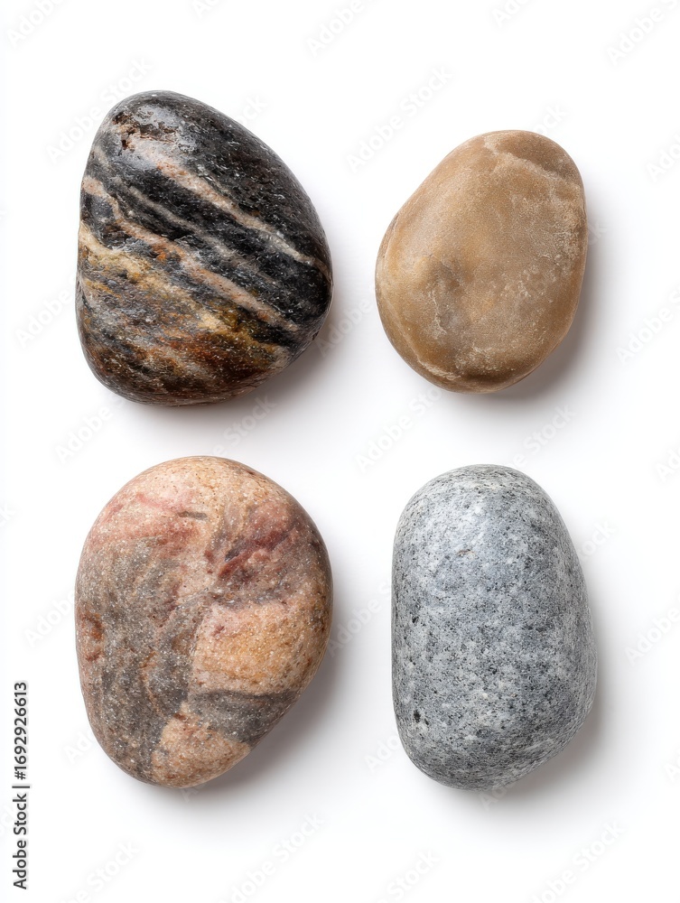 Poster four smooth stones with varied colors and patterns on white background