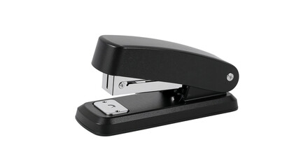 A close-up of a standard black office stapler, commonly used for fastening papers together. Isolated on transparent background, png