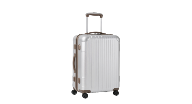 A sleek, modern travel suitcase with textured silver exterior and neutral toned handle and trim. Isolated on transparent background, png - Powered by Adobe