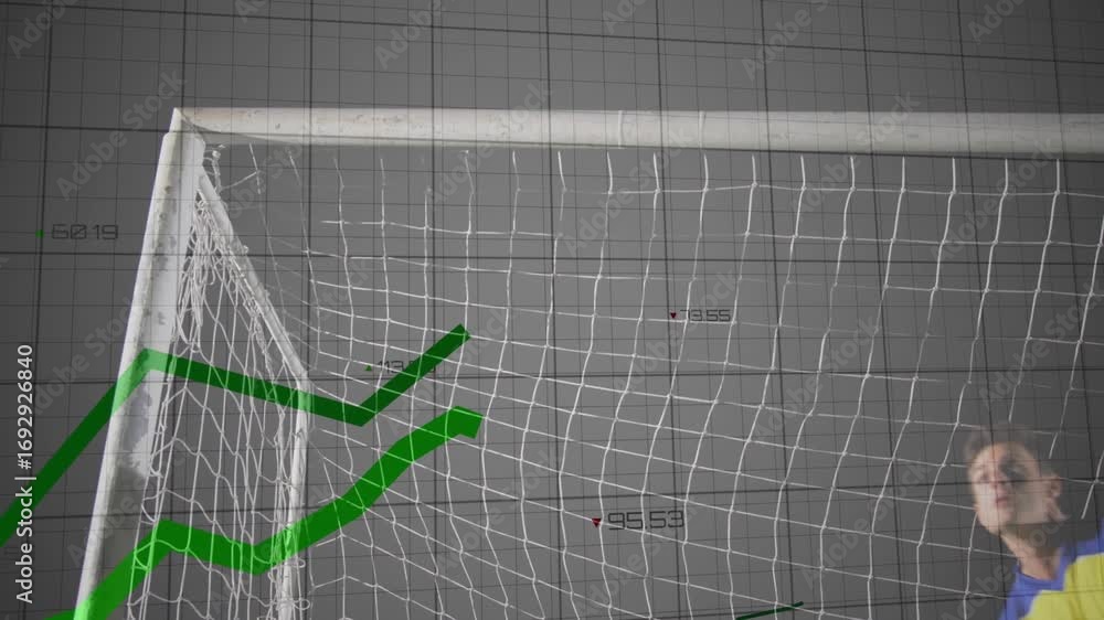 Poster goalkeeper tracking ball and leaping for save under net while sports graphs rising across grid