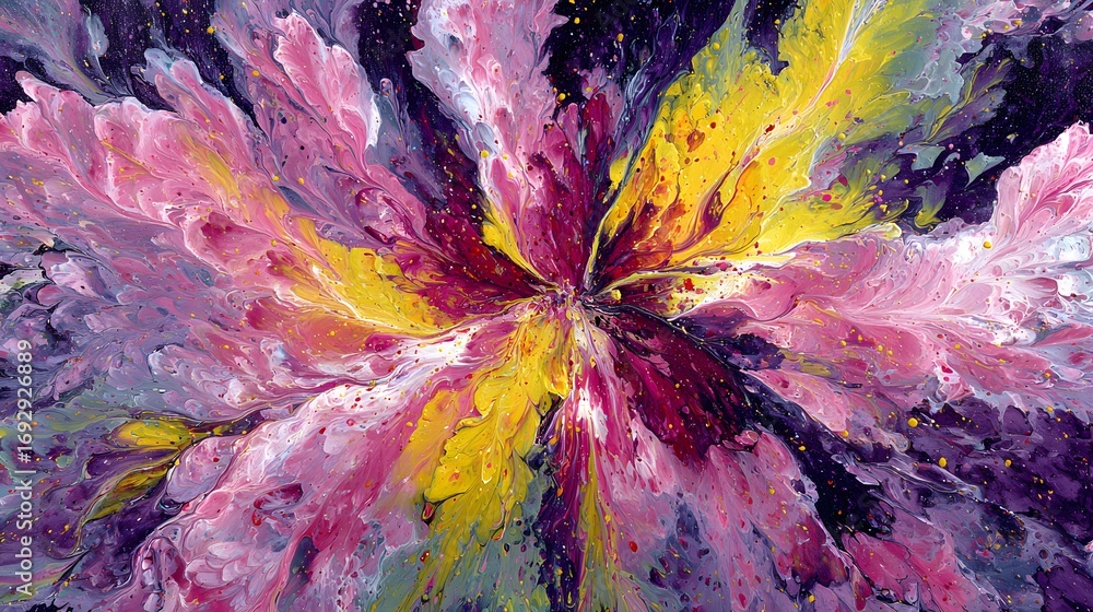 Poster vibrant, abstract floral design bursting forth in a dynamic display of mixed hues, featuring a centr