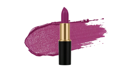Elegant lipstick tube with vibrant purple hue resting against a matching swatch, Isolated on transparent background, png