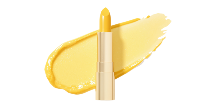 A vibrant yellow lipstick stands tall against a stroke of the same color. Isolated on transparent background, png