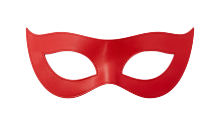 A symmetrical eye mask in scarlet red, made of leather, featuring smooth lines and eye openings. Isolated on transparent background, png