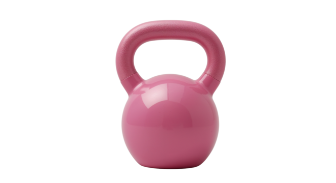A shiny pink kettlebell with a looped handle, perfect for strength training. Isolated on transparent background, png