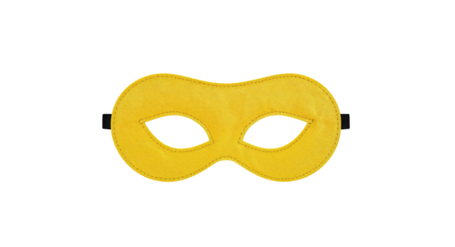 Yellow eye mask made of soft fabric with eyeholes and black elastic straps Isolated on transparent background, png