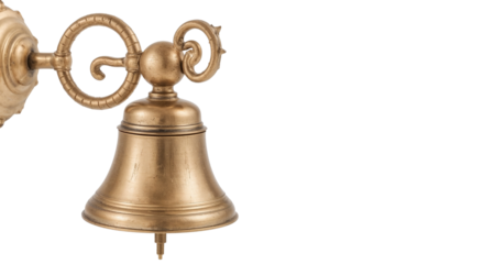 Antique brass wall bell with decorative scroll work, adding a vintage touch to your home decor. isolated on transparent background, png.