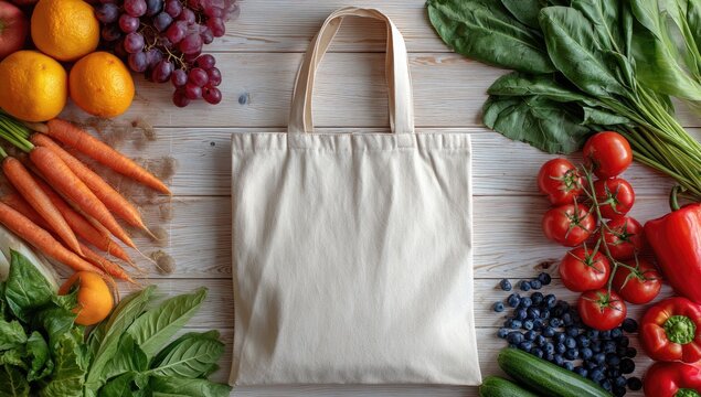 Blank canvas tote bag surrounded by fresh produce (1) - Powered by Adobe