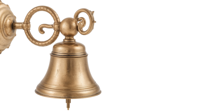 Antique brass wall bell with decorative scroll work, adding a vintage touch to your home decor. isolated on transparent background, png.