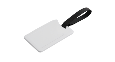 A blank white identification tag with a black strap isolated on transparent background, png.