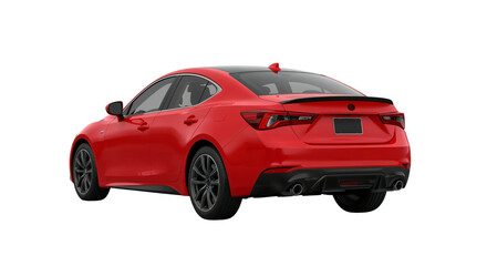 Fototapeta premium Rear view of a sleek, red sports sedan featuring a dark roof, spoiler, and stylish taillights. isolated on transparent background, png.
