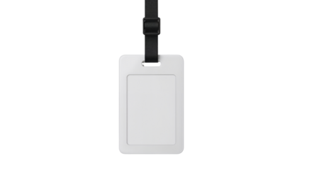 White luggage tag with a black strap hanging, travel accessory. isolated on transparent background, png.