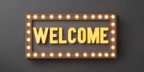 Fototapeta premium Gold Welcome Sign with Lights on Dark Gray Background
